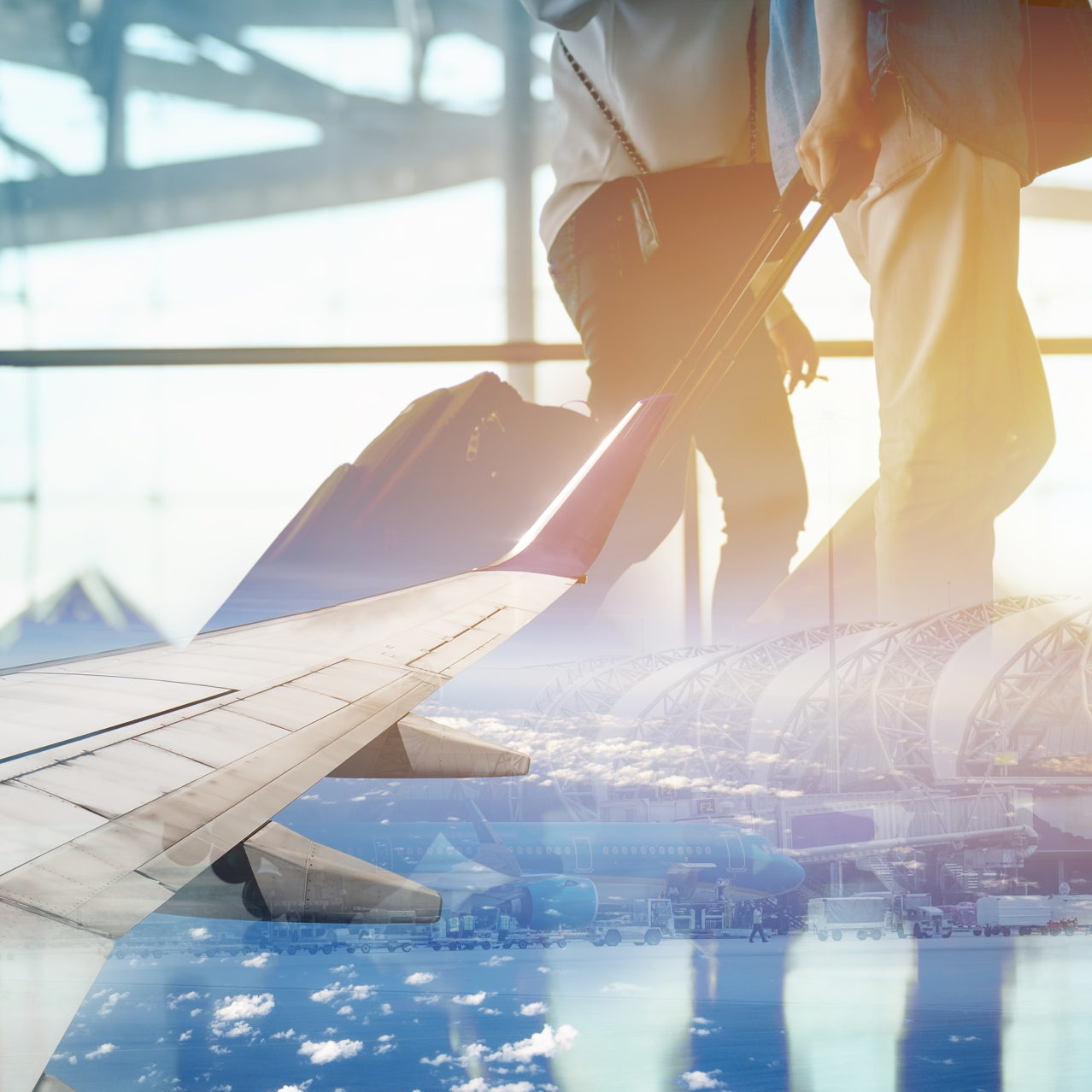 Double Exposure of airplane and businessman in terminal gate for check in boarding with luggage and phone at the airport for business trip.